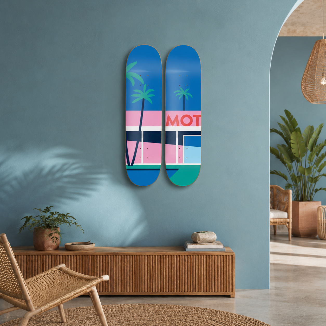 Motel Palms - skate decorativo ilustrado de pared
