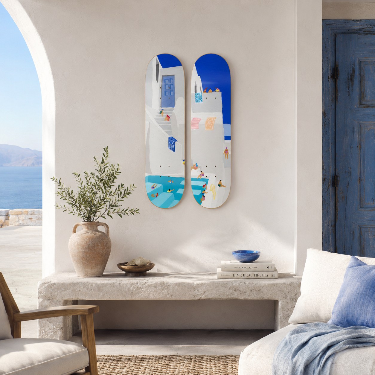 Santorini - Grecia en tabla de skate decorativa
