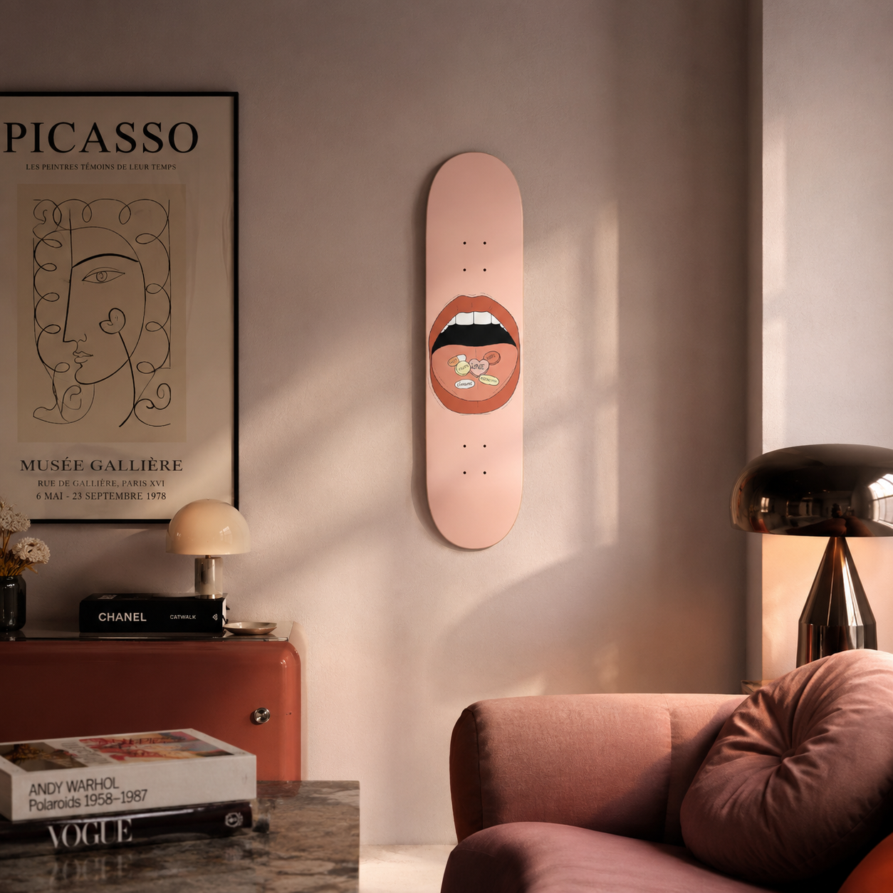 Pills - skate decorativo ilustrado de pared