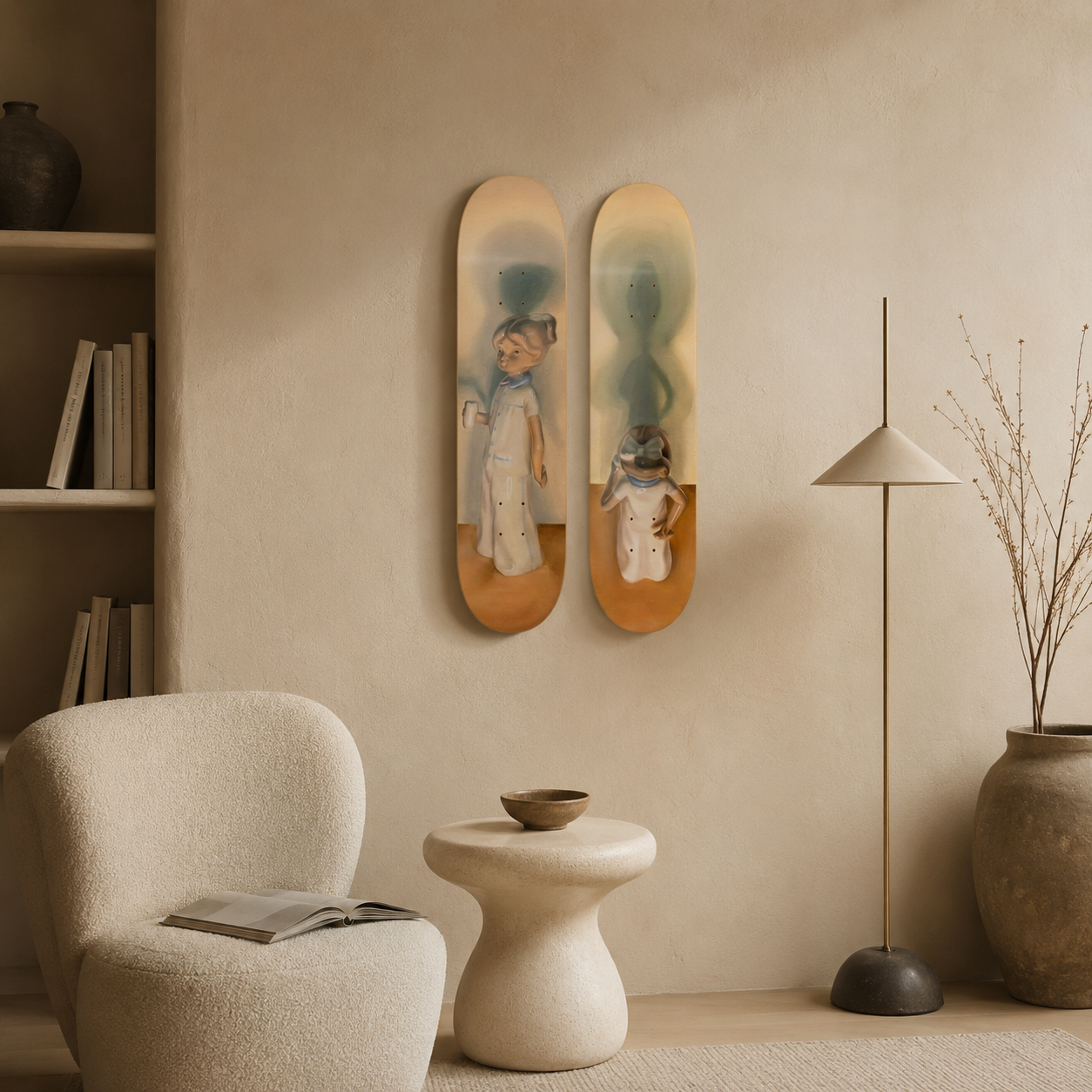 Díptico Niña leche, Frente y Espalda - Paula Medina - obra de Paula Medina en skate decorativo